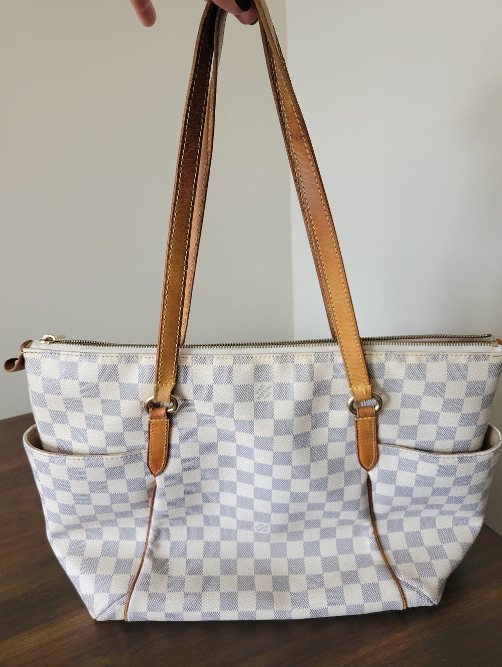 Louis Vuitton Gray & White Checkered Canvas Tote with Tan Leather Trim - Picture 3 of 15